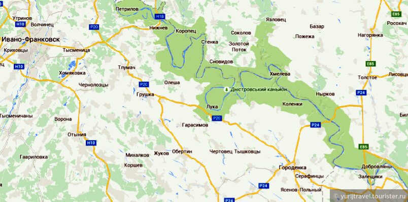 Карта нашего маршрута рафтинга по реке Днестр (Нижнив - Залещики)