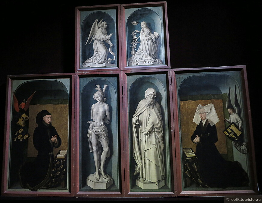 Изображенные Ван дер Вейденом коленоприклоненные Николя Ролен и его жена Гигон, а также св.Себастья и св.Антоний. Эти части полиптиха служили створками основного изображения Страшного суда.