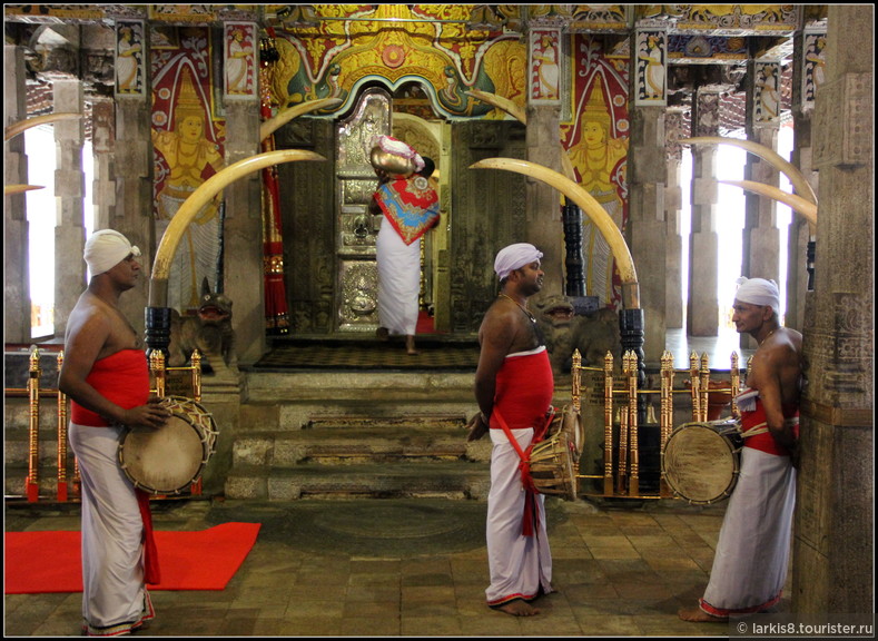 В храме до начала утренней церемонии приносят дары Будде. Если дары приняты (а, как нам сказали, это бывает не всегда), то начинается ритуальный бой барабанов и все проходят в верхний зал к святыне. Видео : http://larkis8.tourister.ru/videos/7523